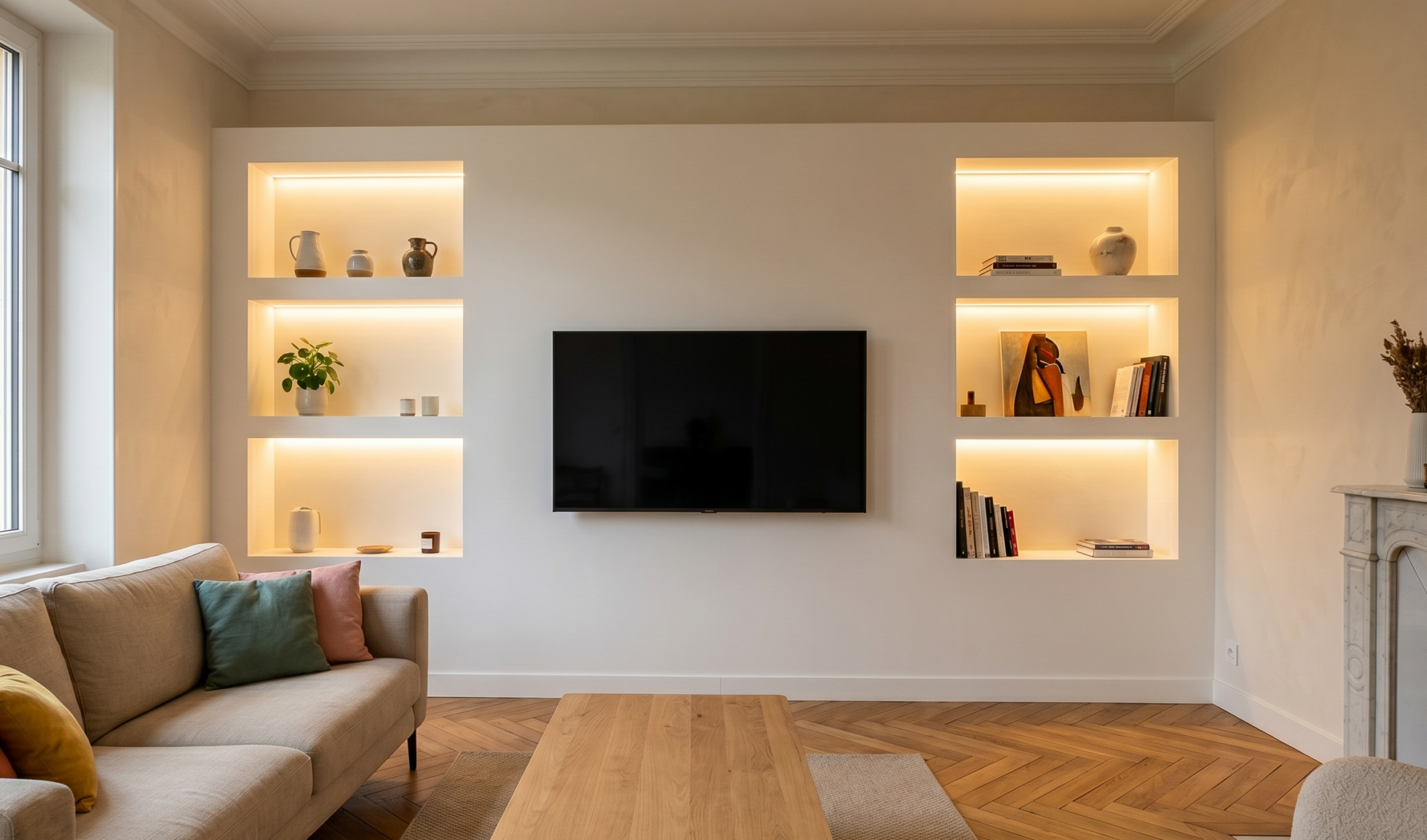Renovation dun salon avec mur TV a Tassin la Demi Lune
